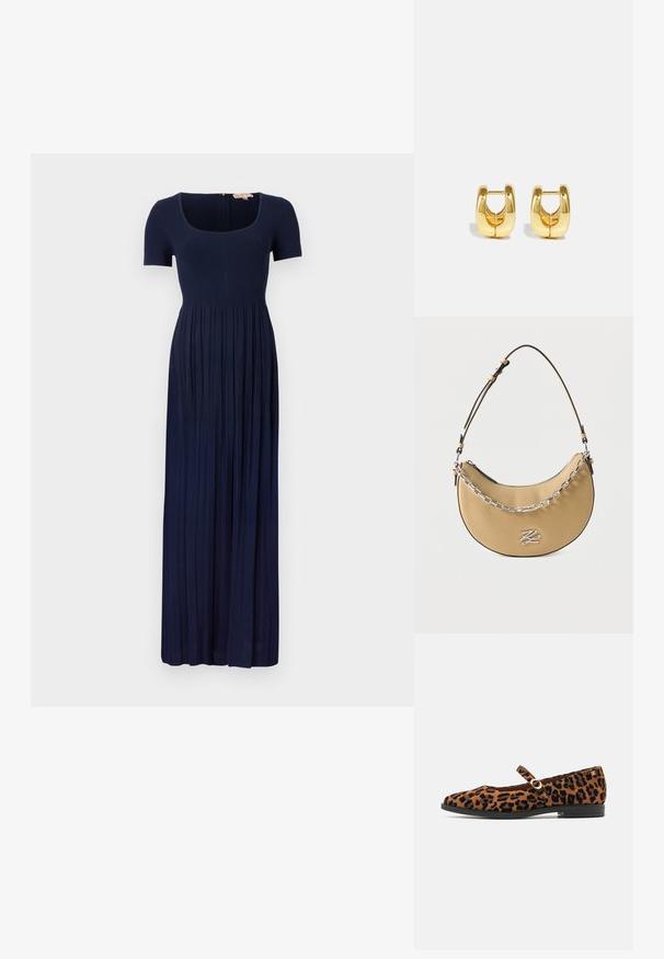 Vestido maxi de canalé azul marino con mangas cortas, escote cuadrado y falda plisada. Cuenta con un cierre de cremallera en la parte posterior.; Zapatos planos Mary Jane con estampado de leopardo, hechos de ante, con punta redonda, tacón pequeño y una correa con un acento de hebilla dorada.; Bolso de mano en forma de media luna color marrón claro con detalle de cadena plateada, correa ajustable y un pequeño logo plateado en el frente.; Pendientes de aro de oro con un diseño elegante y redondeado. Presentan un centro hueco y una superficie brillante, complementando estilos modernos.