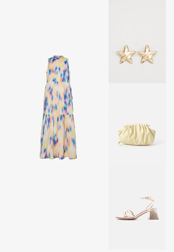 Mouwloze jurk tot de enkel van lichtgewicht stof, met een meerkleurig tie-dye patroon in tinten roze, blauw en geel.; Gouden metallic sandalen met blokhak, dunne kruisbandjes over de tenen en een enkelriempje met een kleine gesp, op een witte achtergrond.; Geel geplooide handtas van soepel nepleer, met een zachte vorm, een enkele schouderriem en een verzameld ontwerp aan de bovenkant.; Gouden stervormige oorbellen met een gladde, glanzende afwerking en een driedimensionaal ontwerp, met vijf punten en een licht gebogen textuur.