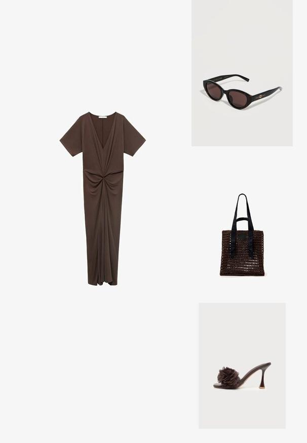 Vestido marrón hasta la rodilla en un material suave, con un escote en V profundo, mangas cortas y un detalle fruncido en la cintura. Textura suave.; Mule de tacón alto color marrón oscuro, con puntera abierta y gran adorno floral de tela en la tira delantera.; Gafas de sol ovaladas de carey con lentes oscuros y logo de Gucci en la patilla, exhibidas sobre una superficie clara.; Bolso tote marrón tejido con asas anchas de tela negra que presentan el nombre de la marca en relieve, diseño de tejido abierto y forma rectangular.