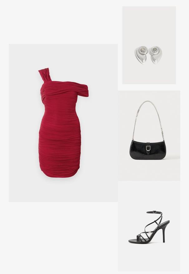 Rode, een-schouder jurk met een bodycon pasvorm, heeft textuur ruching over het geheel en een geplooide schouderdetail, wat een gedrapeerd effect creëert.; Zwarte hoge hakken sandaal met dunne banden, een enkelgesp, een gladleren oppervlak en een slanke stilettohak.; Zwarte lakleren schoudertas met een zilveren gespdetail en een zilveren kettingriem, getoond tegen een effen lichte achtergrond.; Paar glanzende zilverkleurige metalen oorbellen met een spiraalvormig ontwerp en een cirkelvormige steen in het midden op een effen witte achtergrond.
