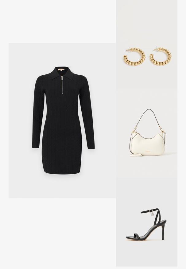 Robe noire à manches longues en maille avec des motifs verticaux texturés, un col et une demi-fermeture éclair à l'avant.; Sandale à talon haut noire avec une bride étroite à la cheville, bout carré, cuir lisse et accent de boucle métallique.; Sac bandoulière en cuir blanc avec des éléments dorés, des finitions noires et une bandoulière amovible. Logo Michael Kors doré en bas au centre.; Paire de boucles d’oreilles créoles dorées avec des détails de perles arrondies le long du bord extérieur sur un fond clair.