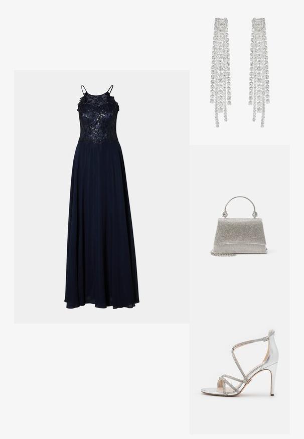 Navy Abendkleid mit einem taillierten Spitzenoberteil, aufwendiger Stickerei und einem fließenden Rock. Verfügt über dünne Träger und eine glatte Textur.; Silberne Sandale mit hohem Absatz und dünnen Strassriemchen, die sich über die Zehen und um den Knöchel kreuzen, mit seitlicher Schnalle.; ALDO FELISIA - Handtasche - silver-coloured; Lange silberne Ohrringe mit einer Vielzahl von klaren, facettierten Kristallen in kaskadierenden Strängen unterschiedlicher Längen und Formen.