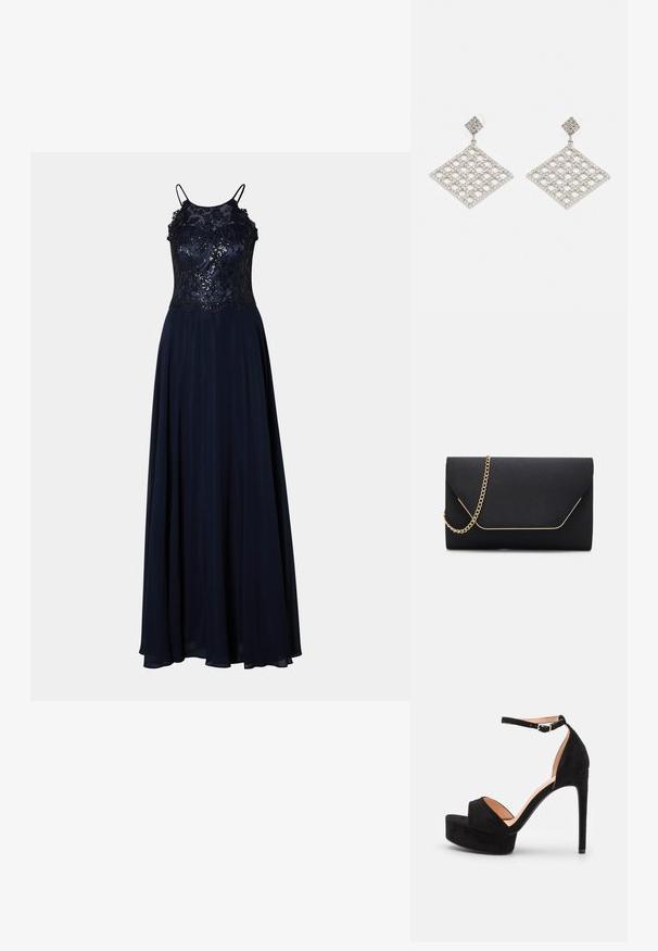 Navy Abendkleid mit einem taillierten Spitzenoberteil, aufwendiger Stickerei und einem fließenden Rock. Verfügt über dünne Träger und eine glatte Textur.; Schwarze Wildleder-Peeptoe-Sandale mit hoch gelegener Plateausohle, Knöchelriemen mit silberner Hardware, offenem Zehenbereich und glatter Textur.; Schwarze Clutch-Tasche mit glatter Textur, ausgestattet mit einem goldenen Kettenriemen und einem geometrischen Klappverschluss, der in Gold eingefasst ist.; ALDO TAYNY - Ohrringe - silver-coloured/clear