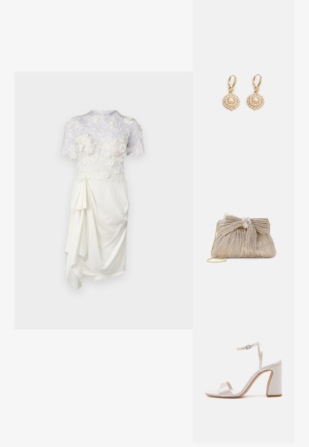 Robe blanche avec un dessus en dentelle florale, manches courtes, corsage ajusté et un détail drapé sur le côté. Texture lisse et tissu doux.; Sandale blanche à talon avec une finition en satin, bout ouvert et fine bride au cheville. Elle dispose d'un talon carré et de deux bandes frontales pour le soutien.; Pochette en or métallisé avec tissu plissé, dotée d'un nœud en haut et d'une bandoulière en chaîne dorée pour une polyvalence et une facilité de transport.; Marchesa ROUND PEARL DROP - Boucles d'oreilles - gold-coloured