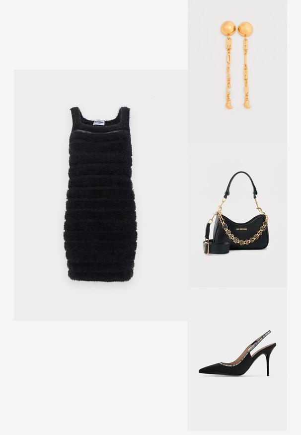 Robe noire cintrée sans manches avec des rayures horizontales texturées et duveteuses et un décolleté carré, étiquetée Moschino.; Chaussure noire à bout pointu, bride arrière, talon haut stiletto fin avec le texte "LOVE MOSCHINO" sur la lanière et le bord.; Sac à main Black Love Moschino avec chaîne dorée formant le nom de la marque, bandoulière détachable et poignée supérieure incurvée sur fond blanc.; Boucles d'oreilles en or avec des clous sphériques et des chaînes allongées portant les lettres formant "MOSCOU". Accents charmants en coquillage en bas.