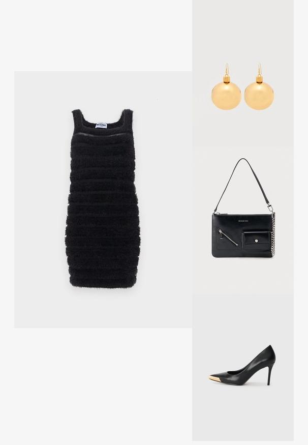 Robe noire cintrée sans manches avec des rayures horizontales texturées et duveteuses et un décolleté carré, étiquetée Moschino.; Pompe à talon haut en cuir noir avec bout pointu ; présente une accentuation métallique dorée sur le capuchon. Surface lisse avec un design épuré.; Sac à bandoulière en cuir noir Michael Kors avec fermeture éclair supérieure, poche avant zippée en diagonale, poche à rabat avec bouton-pression et détail en chaîne argentée.; Paire de boucles d'oreilles boule de Noël dorées brillantes avec fermoirs à crochet sur fond blanc uni.
