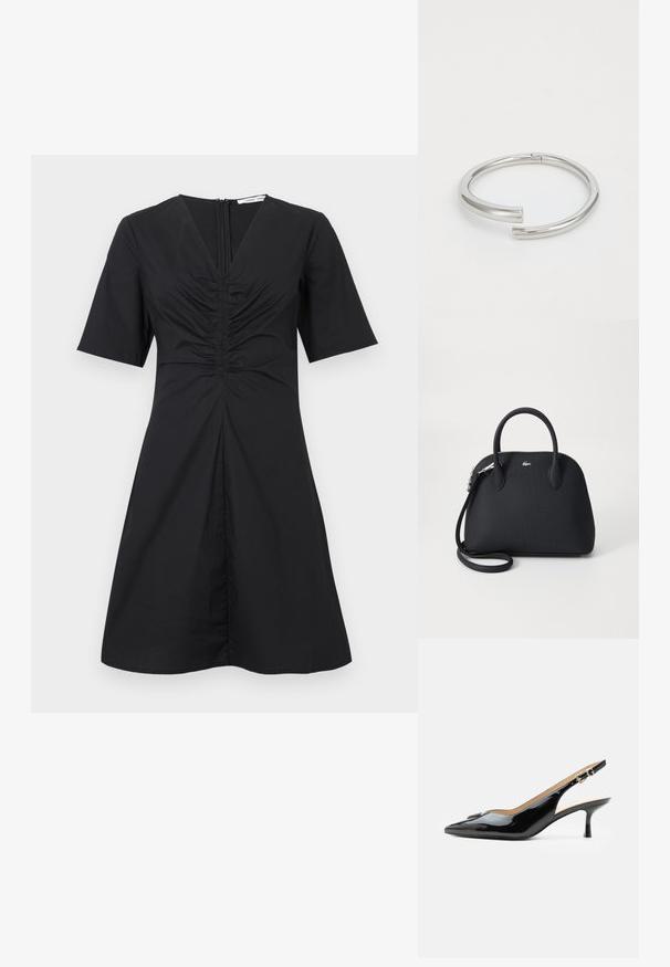Robe courte noire à manches courtes avec un col en V, un devant froncé et une fermeture éclair au dos ; longueur au genou avec un corsage ajusté et une jupe évasée.; Escarpin slingback en cuir verni noir avec bout pointu, petit talon kitten et bride à boucle argentée sur fond blanc uni.; Sac à main noir en matériau texturé, doté de deux poignées supérieures et d'une bandoulière amovible, avec un accent logo en argent.; Calvin Klein SPIRAL - Bracelet - silver-coloured