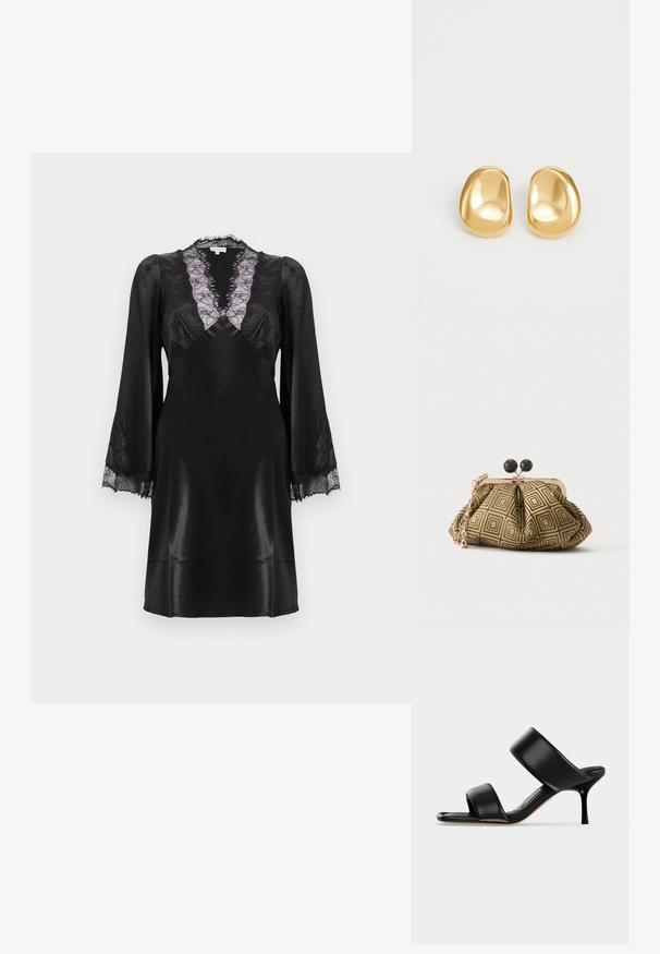 Robe en satin noir avec un décolleté en V profond orné de dentelle lavande, des manches longues avec des accents en dentelle aux poignets, et une finition lisse et élégante.; Sandale mule en cuir noir avec deux larges brides et un talon stiletto fin de hauteur moyenne sur un fond clair uni.; Petite pochette avec motif géométrique doré et noir, cadre en métal doré, fermeture à boule noire et une courte chaîne dorée.; Boucles d'oreilles en forme de clou de couleur or, avec une forme lisse et arrondie et une surface réfléchissante, mettant en avant un design minimaliste sans motifs visibles.