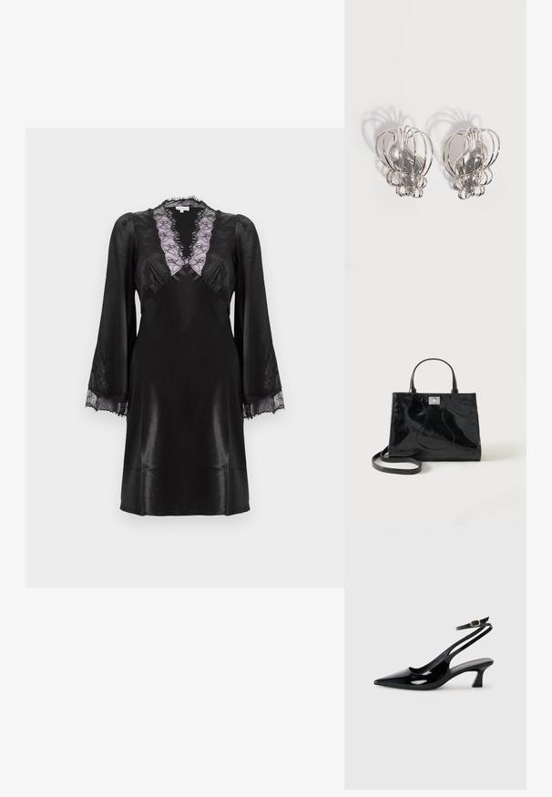 Robe en satin noir avec un décolleté en V profond orné de dentelle lavande, des manches longues avec des accents en dentelle aux poignets, et une finition lisse et élégante.; Escarpins à brides arrière en cuir verni noir, à bout pointu, avec un petit talon carré et une sangle de cheville ajustable dotée d'une boucle dorée.; Sac à main en cuir verni noir avec poignées arrondies, bandoulière détachable et fermeture à boucle argentée sur fond blanc uni.; Paire de boucles d'oreilles en métal argenté avec un design en cage à fil ouvert et des formes ovales centrales lisses projetant des ombres courbes sur un fond blanc.