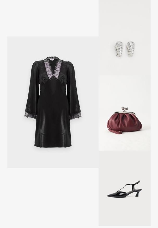 Robe en satin noir avec un décolleté en V profond orné de dentelle lavande, des manches longues avec des accents en dentelle aux poignets, et une finition lisse et élégante.; Chaussure slingback en cuir verni noir à bout pointu avec bride en T et petit talon bloc incliné sur fond blanc.; Petit sac pochette en cuir bordeaux avec fermoir métallique argenté et bracelet sur fond blanc.; Boucles d'oreilles en clip argentées avec un design en spirale, présentant une texture métallique lisse et des formes arrondies. Pas d'embellissements ou de motifs visibles.