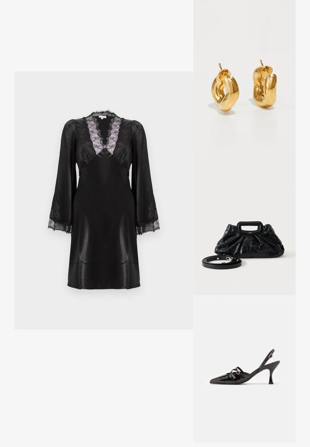 Schwarzes Satin-Kleid mit einem tiefen V-Ausschnitt und lavendelfarbenem Spitzenbesatz, langen Ärmeln mit Spitzenakzenten an den Manschetten und einer glatten, eleganten Oberfläche.; ALOHAS JOELLE ONIX - Pumps - black; Kleine schwarze Lederhandtasche mit geraffter Textur, rechteckigem Griff und abnehmbarem dünnen Schulterriemen, der daneben liegt.; Fette goldene Creolen mit einem leicht verdrehten, röhrenförmigen Design und Steckverschlüssen auf einem weißen Hintergrund.