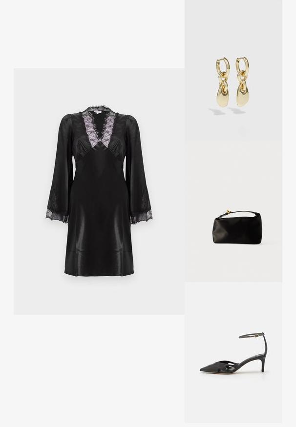 Sort satin kjole med en dyb V-hals og lavendelblonder, lange ærmer med blonde detaljer ved manchetterne og en glat, elegant finish.; Sort læder højhælet sko med spids tå, åbne sider og en tynd ankelrem med en lille guld detalje.; Sort satinpung med en afrundet form, et håndtag i toppen og en guldaccentlås. Glat tekstur med et minimalistisk design.; Guldøreringe med en sammenkoblet design og glatte, tårnformede accenter. Reflekterende finish øger den visuelle appel.