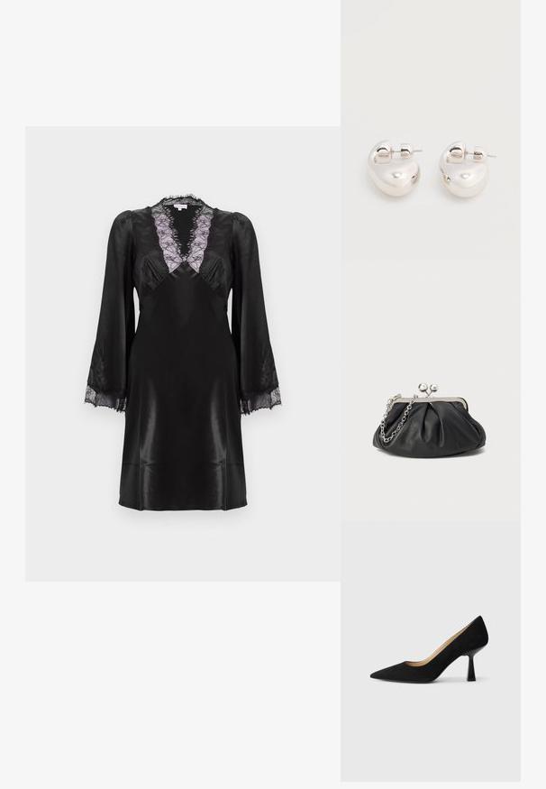 Sort satin kjole med en dyb V-hals og lavendelblonder, lange ærmer med blonde detaljer ved manchetterne og en glat, elegant finish.; Sorte ruskinds højhælede pumps med spids tå, der har en blank sort blokhæl og en glat indvendig foring.; Sort læder clutch med samlet tekstur, sølvfarvet metalramme, kys-lås lukning og kædestrop. Glat, blød overflade.; Par af skinnende sølv store øreringe med lukning på bagsiden mod en ensfarvet hvid baggrund.