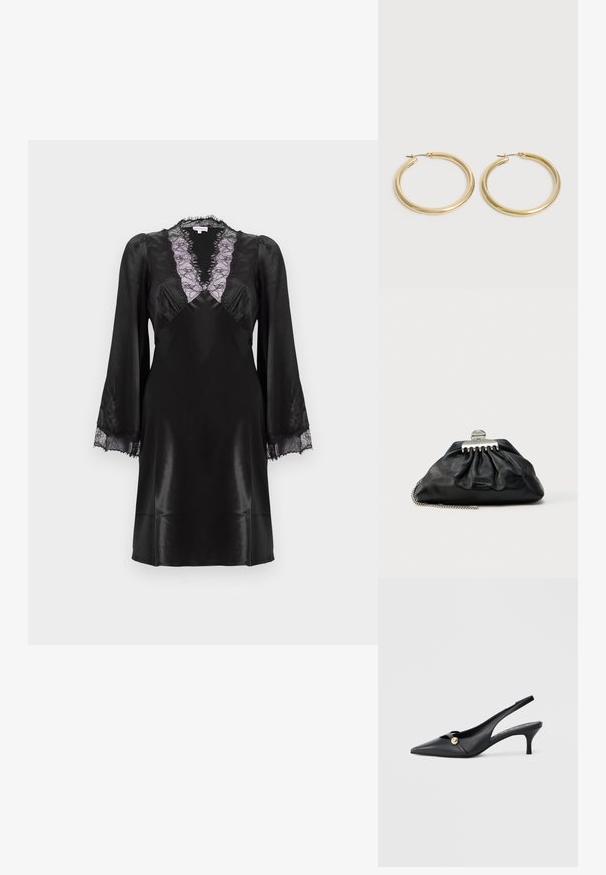 Schwarzes Satin-Kleid mit einem tiefen V-Ausschnitt und lavendelfarbenem Spitzenbesatz, langen Ärmeln mit Spitzenakzenten an den Manschetten und einer glatten, eleganten Oberfläche.; Schwarze Slingback-Schuhe aus Leder mit spitzer Schuhspitze, geschwungenem Absatz und goldfarbenem Akzentknopf an der Seite. Glatte Textur und minimalistisches Design.; Schwarze Leder-Clutch mit gerafftem Design, silberner Verschluss-Hardware und Kettenriemen. Dezentes Markenlogo auf der Vorderseite geprägt.; Paar glatter, glänzender goldener Creolen mit dünnen Stegen und Klappverschlüssen auf schlichtem hellem Hintergrund.