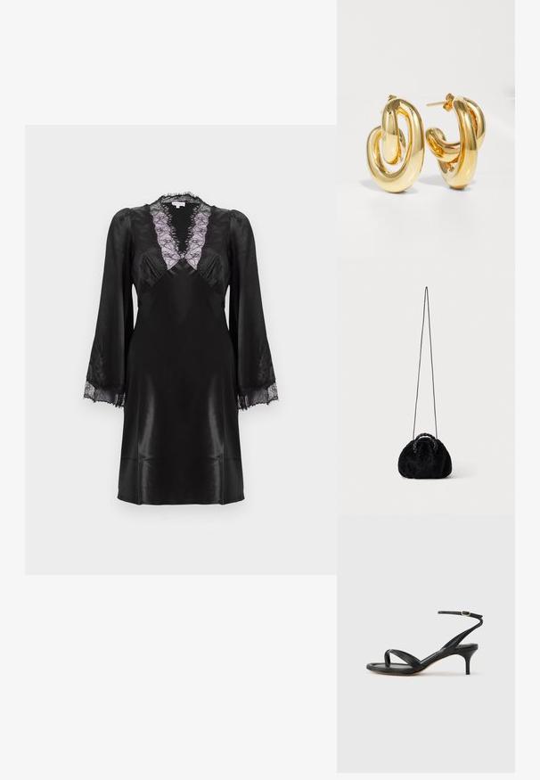 Sort satin kjole med en dyb V-hals og lavendelblonder, lange ærmer med blonde detaljer ved manchetterne og en glat, elegant finish.; Sort damesandal i læder med tynde remme, en tå-loop, ankelspænde og en mellemhøj stiletthæl på en neutral baggrund.; Lille sort taske i kunstpels med flettede top-håndtag og lang tynd skulderrem på ensfarvet baggrund.; Charlotte Chesnais BO INITIAL BLOW - Øreringe - gold-coloured