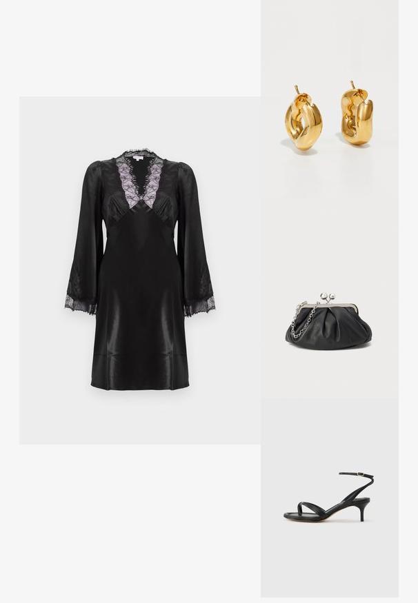Schwarzes Satin-Kleid mit einem tiefen V-Ausschnitt und lavendelfarbenem Spitzenbesatz, langen Ärmeln mit Spitzenakzenten an den Manschetten und einer glatten, eleganten Oberfläche.; Schwarze Ledersandale für Damen mit dünnen Riemchen, einer Zehenlasche, einer Knöchelschnalle und einem mittelhohen Stöckelabsatz vor neutralem Hintergrund.; Schwarze Leder-Clutch mit geraffter Textur, silberfarbener Metallrahmen, Druckverschluss und Kettenriemen. Glatte, weiche Oberfläche.; Fette goldene Creolen mit einem leicht verdrehten, röhrenförmigen Design und Steckverschlüssen auf einem weißen Hintergrund.
