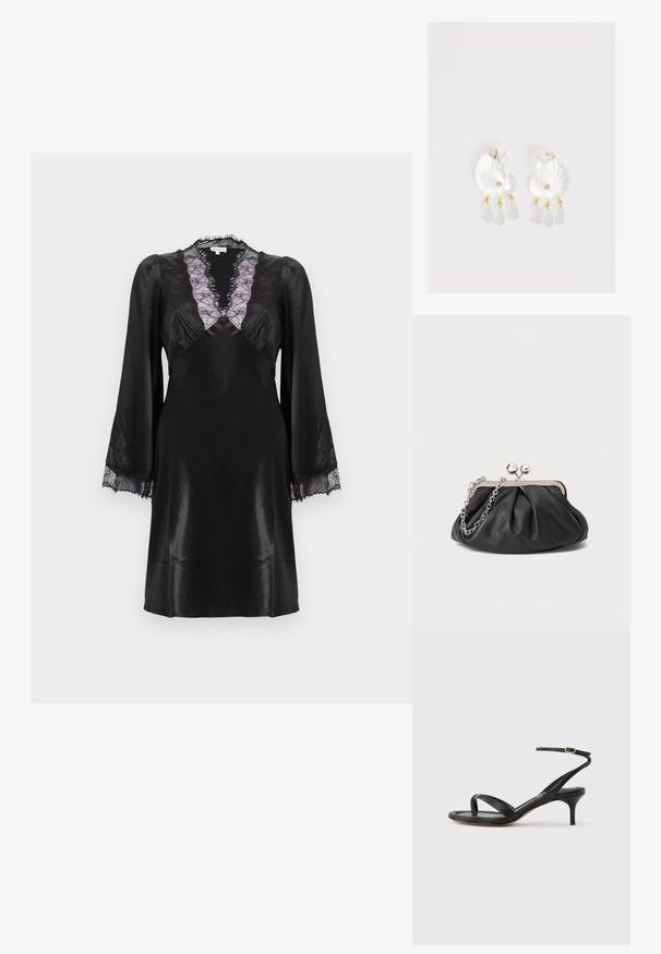 Robe en satin noir avec un décolleté en V profond orné de dentelle lavande, des manches longues avec des accents en dentelle aux poignets, et une finition lisse et élégante.; Sandale pour femme en cuir noir avec fines lanières, une boucle d'orteil, une boucle à la cheville et un talon aiguille de hauteur moyenne sur un fond neutre.; Porte-monnaie en cuir noir avec texture froncée, cadre en métal argenté, fermeture à verrouillage kiss-lock et bandoulière en chaîne. Surface lisse et douce.; Boucles d'oreilles en résine transparente en forme de coquillage avec de petits accents dorés et trois breloques translucides en forme de goutte pendantes sur chaque boucle d'oreille.