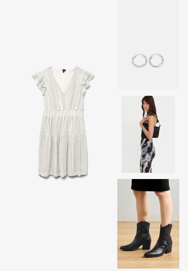 Vestido blanco con mangas cortas fruncidas, con intrincados patrones de encaje y escote en V profundo. La cintura fruncida conduce a una falda de volantes.; Botines de cuero negro con punta afilada, cierre de cremallera, tacón curvado y una correa decorativa con detalles metálicos.; Bolso de hombro negro acolchado con una sola correa y herrajes plateados, combinado con un vestido ajustado de patrón tie-dye en tonos de negro y crema.; Pendientes de aro plateados con textura ondulada e irregular. Presentan una forma circular delgada y un acabado reflectante.