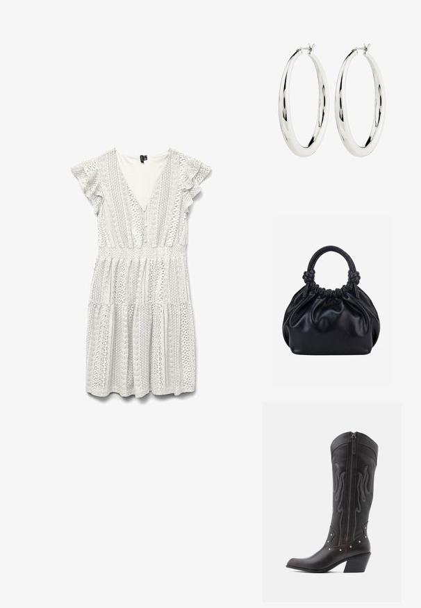 Vestido blanco con mangas cortas fruncidas, con intrincados patrones de encaje y escote en V profundo. La cintura fruncida conduce a una falda de volantes.; Botas de cowboy de cuero marrón con costuras en forma de llama, cremallera lateral, tachuelas plateadas, punta puntiaguda y tacón apilado.; Bolso de mano de cuero negro suave con parte superior fruncida y dos asas gruesas atadas en nudos sobre un fondo claro y liso.; Pendientes de aro de plata con una superficie lisa y reflectante. Forma redonda y grande con un cierre seguro en la parte superior. El acabado pulido resalta el brillo.