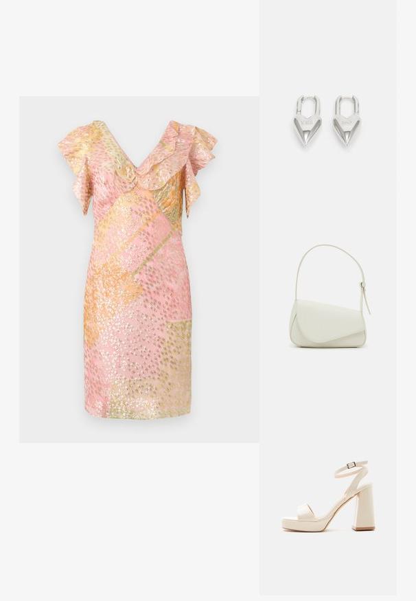 Pinke Kleid mit Paillettenverzierung und Rüschensleeves, ausgestattet mit einem geometrischen Muster in Gold- und Pastellfarben, kurzer Länge und weichem Stoff.; Beige Plateau-Sandale mit dickem Blockabsatz, offenem Zehenbereich und Knöchelriemen mit Metall-Schnalle vor weißem Hintergrund.; Weiße Kunstleder-Handtasche mit einer strukturierten dreieckigen Form, einem verstellbaren Einzelgurt und einem Klappenverschluss mit geschwungenen Akzenten.; Silberne herzförmige Vorhängeschlösser mit eingravierten "JA"- und "NEIN"-Texten, polierte Oberfläche, symmetrisches Design und einem robusten Metallverschluss.