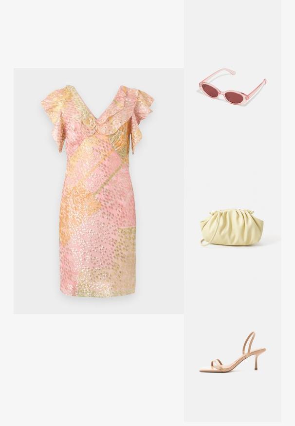 Vestido rosa adornado con lentejuelas y mangas con volantes, que presenta un patrón geométrico en tonos dorados y pasteles, de longitud corta y textura suave.; Sandalia beige de tacón alto con tiras finas sobre los dedos y alrededor del talón, con puntera cuadrada y tacón de aguja delgado sobre fondo blanco.; Gafas de sol transparentes rosas con lentes ovalados, tinte rojo oscuro y varillas delgadas, con un acabado suave y detalles sutiles en la montura.; Bolso amarillo plisado hecho de cuero sintético suave, con una forma blanda y una sola correa para el hombro, además de un diseño de parte superior recogida.