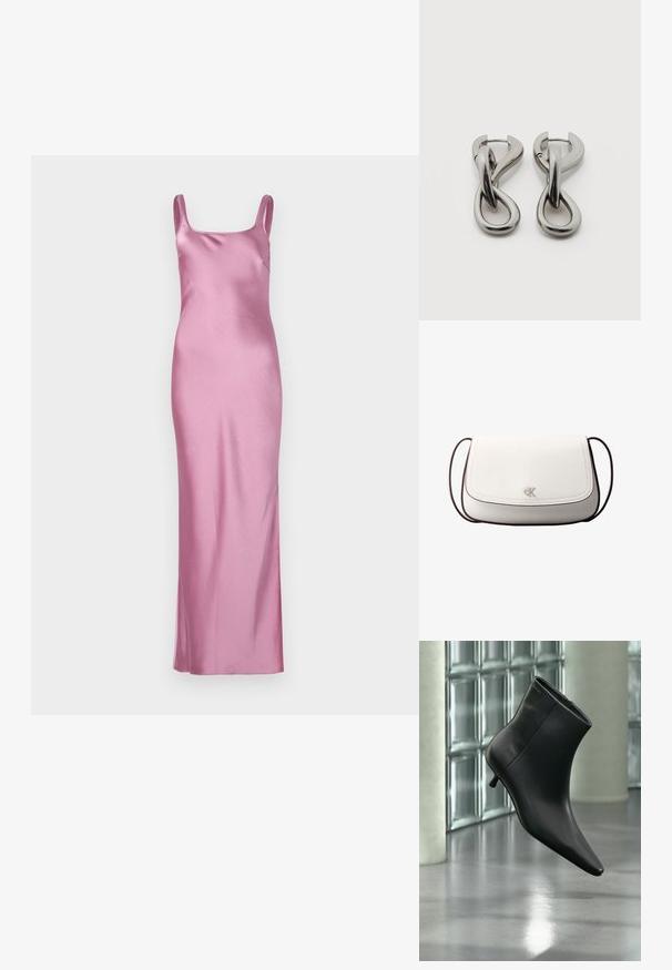 Robe longue en satin rose avec encolure carrée, fines bretelles spaghetti, design à la longueur du sol, texture lisse et peu de détails.; Bottine en cuir noir à bout pointu et petit talon kitten, présentée en angle devant un sol poli et un mur en blocs de verre.; Sac bandoulière blanc avec fermeture à rabat, petit logo "cK" argenté centré, et fine sangle réglable marron foncé.; Paire de boucles d'oreilles en métal argenté avec un motif abstrait d'anneaux entrelacés sur fond blanc.
