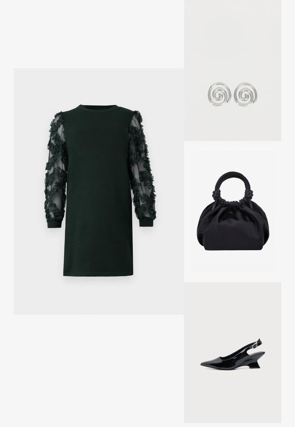Vestido verde oscuro con cuello redondo, que presenta mangas de tela transparente adornadas con aplicaciones florales en capas. Textura suave y corte relajado.; Zapato slingback de cuero charol negro con puntera puntiaguda y tacón bajo en bloque inclinado sobre fondo claro liso.; Bolso de mano de tela negra suave con parte superior fruncida y asas acolchadas circulares atadas con nudos a cada lado.; Par de pendientes de aro espiral plateados con diseño liso y redondeado sobre un fondo blanco liso.