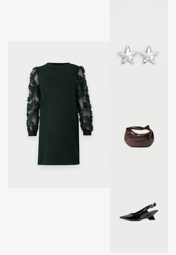 Vestido verde oscuro con cuello redondo, que presenta mangas de tela transparente adornadas con aplicaciones florales en capas. Textura suave y corte relajado.; Zapato slingback de cuero charol negro con puntera puntiaguda y tacón bajo en bloque inclinado sobre fondo claro liso.; Bolso de hombro de cuero marrón oscuro con una forma suave y caída, y un asa con nudo torcido sobre un fondo blanco liso.; Pendientes en forma de estrella plateada con una superficie pulida y brillante. Cada pendiente presenta cinco puntas y sutiles detalles de textura en la superficie.