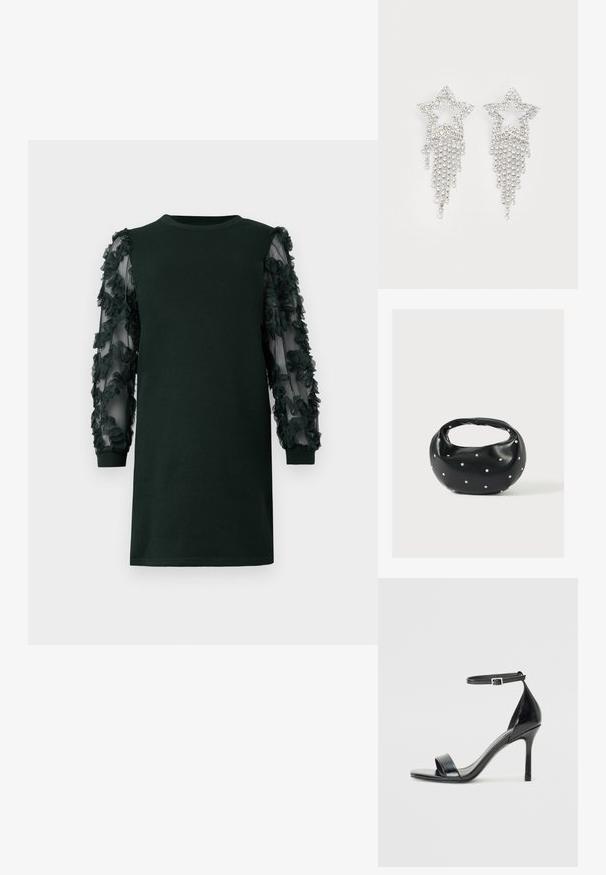 Vestido verde oscuro con cuello redondo, que presenta mangas de tela transparente adornadas con aplicaciones florales en capas. Textura suave y corte relajado.; Sandal de tacón alto de charol negro con punta abierta, una sola tira en la parte frontal y una correa en el tobillo ajustable.; Bolso de mano de cuero negro con forma redondeada, decorado con detalles de tachuelas plateadas y un asa corta. Textura lisa y cierre con cremallera.; Pendientes en forma de estrella con strass y detalles de flecos en cascada, con un tono plateado y una superficie brillante y reflectante. Forma de estrella con un diseño intrincado.
