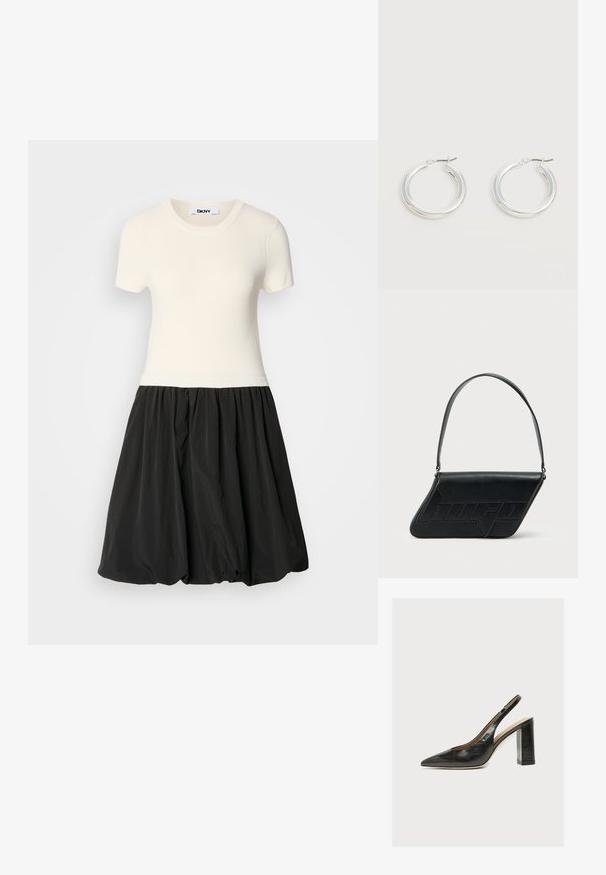 Elfenbeinfarbener, gerippter Oberteil mit kurzen Ärmeln und einem schwarzen Ballonrock. Das Kleid hat ein tailliertes Oberteil und einen voluminösen, strukturierten Unterteil.; Schwarzer Leder-Damenslingback-Pumps mit spitzer Zehenpartie und dickem hohem Blockabsatz auf weißem Hintergrund.; Schwarze Leder-Umhängetasche mit dreieckiger Form, geprägt mit Logo und einem einzigen verstellbaren Riemen. Minimalistisches Design mit glatter Textur.; Paar mittelgroße glänzende silberne Hoop-Ohrringe mit dünnen Metallverschlüssen auf hellem neutralem Hintergrund.