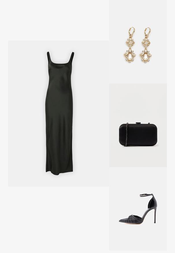 Samsøe Samsøe SUNNA DRESS - Maxi-jurk - black; Zwarte stilettohak met spitse neus, gerimpeld lederen detail, enkelbandje met gouden "M" gesp en glanzende afwerking op het hakgebied.; Zwarte rechthoekige clutch van glad materiaal. Beschikt over een afneembare kettingriem en een metalen vergrendeling bovenop. Eenvoudig ontwerp met afgeronde hoeken.; Gouden hangoorbellen met een clusterontwerp, versierd met ronde en druppelvormige heldere kristallen, die zich kenmerken door ingewikkelde details.