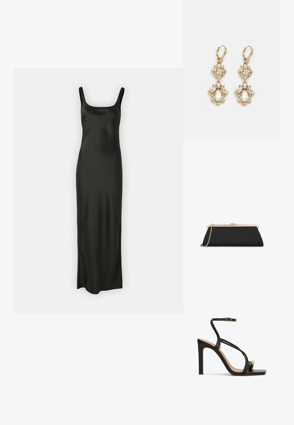 Samsøe Samsøe SUNNA DRESS - Maxi-jurk - black; Zwarte sandaal met hoge hak, enkelbandje, smalle teenlus met een gouden bolaccent en een vierkante open teenontwerp.; Zwarte rechthoekige clutch met gouden metalen frame en kettingriem op een witte achtergrond.; Gouden hangoorbellen met een clusterontwerp, versierd met ronde en druppelvormige heldere kristallen, die zich kenmerken door ingewikkelde details.
