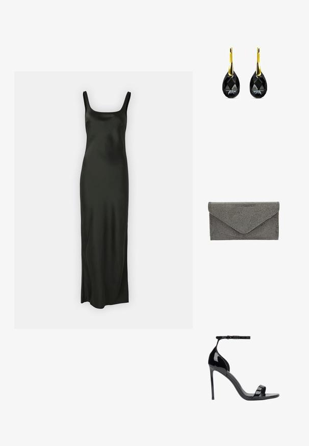 Samsøe Samsøe SUNNA DRESS - Maxi-jurk - black; ESTRO Sandalen - black; Zwarte stoffen clutch met een getextureerd studpatroon en envelopsluiting, met een strakke rechthoekige vorm en zonder zichtbare hardware.; Zwarte kristallen druppeloorbellen met een teardrop-vorm, voorzien van een gepolijste gele gouden haak. Het kristal is gefacetteerd voor extra sprankeling.