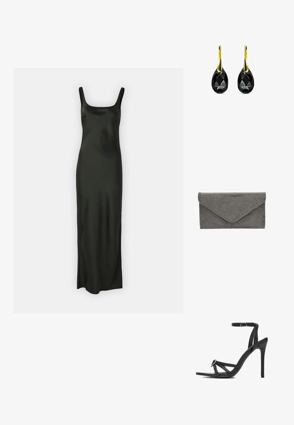 Samsøe Samsøe SUNNA DRESS - Maxi-jurk - black; Zwarte hoge hak sandaal met bandjes, een dunne enkelband, een puntige neus en decoratieve strass-steentjes aan de voorkant. Gladde leren textuur.; Zwarte stoffen clutch met een getextureerd studpatroon en envelopsluiting, met een strakke rechthoekige vorm en zonder zichtbare hardware.; Zwarte kristallen druppeloorbellen met een teardrop-vorm, voorzien van een gepolijste gele gouden haak. Het kristal is gefacetteerd voor extra sprankeling.