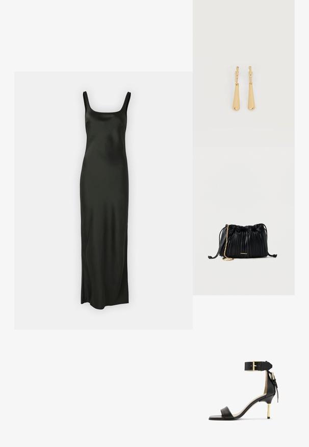 Samsøe Samsøe SUNNA DRESS - Maksikleit - black; Must musta kõrge kontsaga sandaal ruudukujulise varbaga, puusapael ja kuldse solgiga ning saledat metallist kontsaga. Sile tekstuur, minimalistlik disain.; Mustast nahast volditud kotike, millel on kuldse kettidega õlarihm ja väike horisontaalne kuldne detail esiküljel.; Kullatooni ripptivad kõrvarõngad, millel on sujuvad, pikenenud pisarakuju ripatsid, mis ripuvad väikestest rõngastest kinnitustest valgel taustal.
