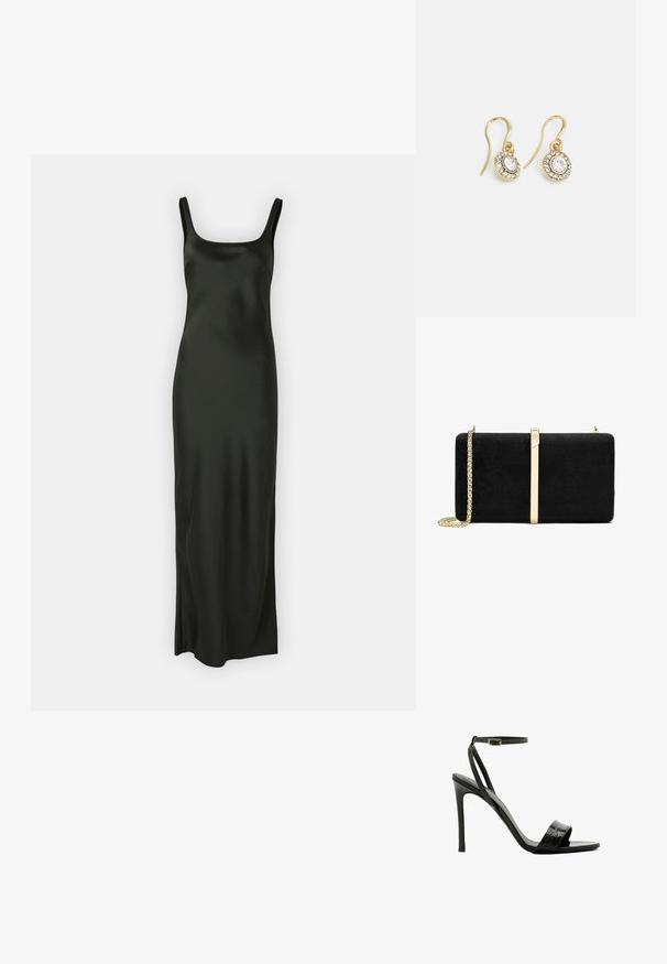 Samsøe Samsøe SUNNA DRESS - Maxi šaty - black; Čierne vysoké sandále na opätku s krokodíľou textúrou, otvorenou špičkou a tenkým nastaviteľným remienkom na členku. Štíhly opätok a minimalistický dizajn.; Čierna zamatová kabelka v štvorcovom tvare, s hladkým povrchom, ozdobená zlatým kovovým prvkom a retiazkou na nosenie.; Náušnice zlatého odtieňa s oválnymi čírymi kryštáli obklopenými menšími čírými kameňmi, s háčikovým dizajnom pre bezpečné nosenie.