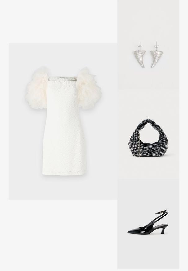 Weisses Kleid mit strukturiertem Spitzenmuster, geradem Schnitt und transparenten, puffigen Tüllärmeln in hellem Creme. Minimalistisches Design mit einem quadratischen Ausschnitt.; Schwarze Lackleder Slingback-Absätze mit spitzem Schuhblatt, niedrigem Blockabsatz und verstellbarem Knöchelriemen mit goldener Schnalle.; Schwarze Netz-Handtasche verziert mit silbernen Nieten, mit einem gebogenen Griff und einem Kettenriemen. Weiche Textur mit runder Form.; Silberne, hornförmige Ohrringe, besetzt mit kleinen klaren Steinen, mit einem Steckverschluss zur Befestigung. Glatte Textur und metallisches Finish.