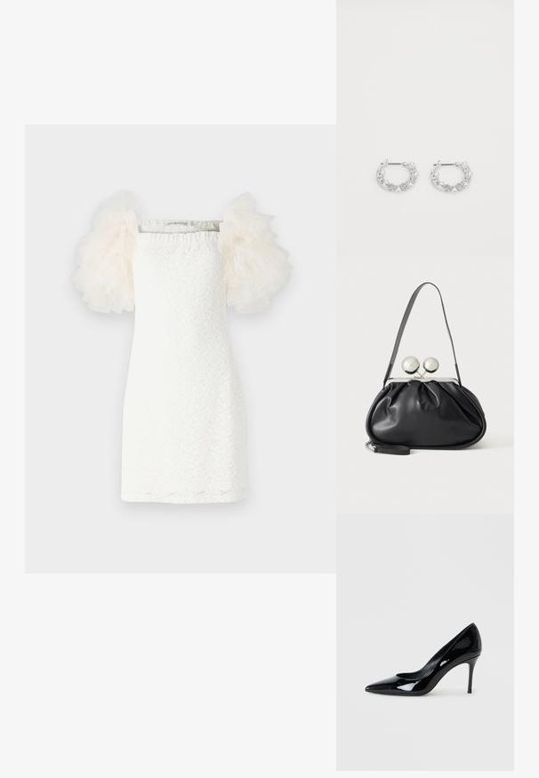 Witte jurk met een textuur van kantpatroon, rechte snit en doorschijnende, opbollende tule mouwen in lichtcrème. Minimalistisch ontwerp met een vierkante halslijn.; Zwarte lakschoenen met een puntige neus en een slanke stilettohak. Soepele textuur met een glanzende afwerking en een minimalistisch ontwerp.; Zwarte leren handtas met een geplooid ontwerp, een enkele schouderband, zilverkleurige metalen omlijsting en twee grote ronde zilveren sluitingen.; Zilveren oorringen met parel- en kristalaccenten, met een gestructureerd oppervlak en een veilige postsluiting.