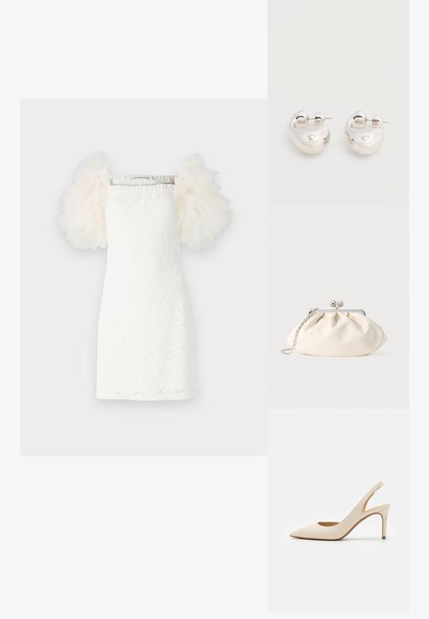 Weisses Kleid mit strukturiertem Spitzenmuster, geradem Schnitt und transparenten, puffigen Tüllärmeln in hellem Creme. Minimalistisches Design mit einem quadratischen Ausschnitt.; Beiger Leder-Pumps mit Riemchen, spitzer Kappe und dünnem hohen Absatz. Verfügt über eine Aussparung an der Ferse und eine glatte Oberfläche.; Cremefarbene Stoff-Clutch mit gerafftem Design, silbernem Metallrahmen, zwei dekorativen Kugeln und einem silbernen Kettenriemen.; Paar glänzende silberne dicke Creolen mit Stecker-Verschlüssen auf weißem Hintergrund.
