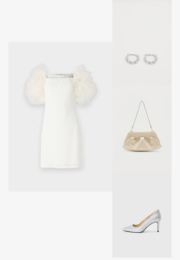 Hvid kjole med et tekstureret blondermønster, lige snit og gennemsigtige, puffede tylærmer i lys creme. Minimalistisk design med firkantet udskæring.; Sølvglitrende højhælede pumps med spids tå og glat inderside. Hælen er tynd og fremhæver det slanke design.; Kremfarvet blød clutch-taske med samlet plissering og en tynd skulderrem med guldfarvet hardware.; Sølv hoop øreringe med perle- og krystalaccentuer, der har en tekstureret overflade og en sikker stiftlukning.