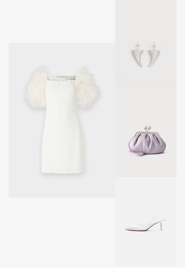 Weisses Kleid mit strukturiertem Spitzenmuster, geradem Schnitt und transparenten, puffigen Tüllärmeln in hellem Creme. Minimalistisches Design mit einem quadratischen Ausschnitt.; Damen-Slingback-Schuh aus weißem Leder mit spitzer Spitze, niedrigem Kitten-Heel und kleiner dekorativer Schleife oben, seitlich dargestellt.; Weiche Lavendel-Clutch mit gerafftem Stoff, silbernem Kiss-Lock-Verschluss und passendem Handgelenksriemen auf hellem einfarbigem Hintergrund.; Silberne, hornförmige Ohrringe, besetzt mit kleinen klaren Steinen, mit einem Steckverschluss zur Befestigung. Glatte Textur und metallisches Finish.