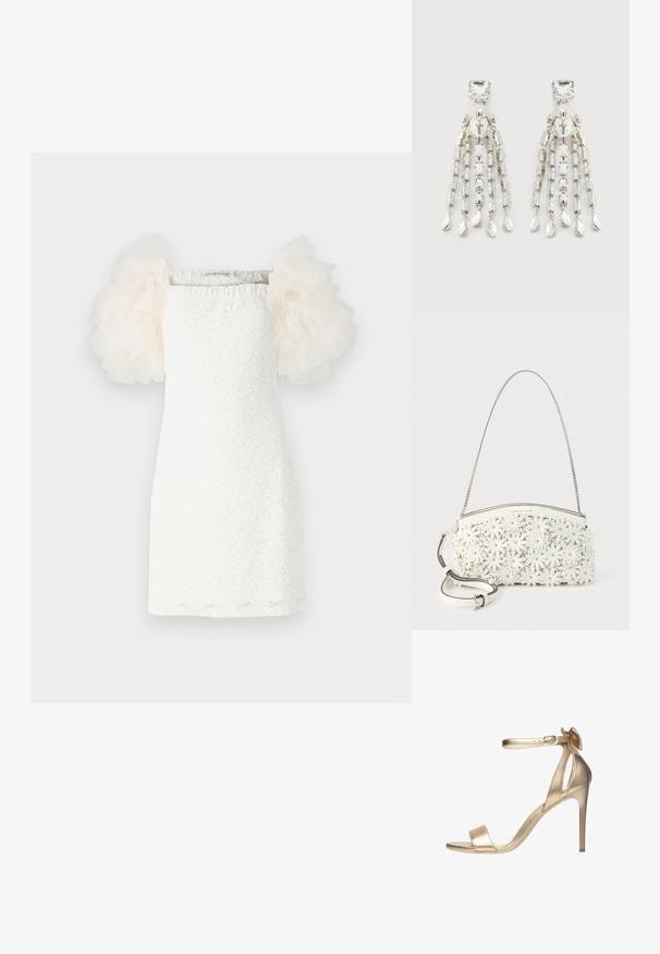 Hvid kjole med et tekstureret blondermønster, lige snit og gennemsigtige, puffede tylærmer i lys creme. Minimalistisk design med firkantet udskæring.; Guldmetalisk højhælet sandal med en tynd ankelrem, åbent tåparti og en glat overflade. Har en delikat sløjfeaccent på hælen.; Hvid håndtaske med kæde-rem, dækket af 3D blomsterapplikationer med metalnitter i midten og en aftagelig skulderrem i læder.; Sølvfarvede chandelier øreringe med firkantede studs, runde perler og hængende kæde-strenge der ender i dråbeformede charms.