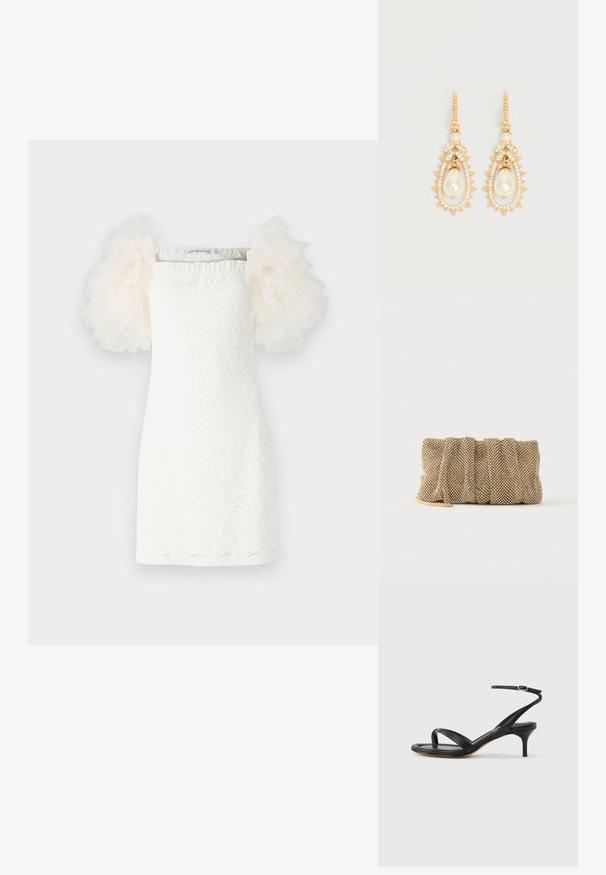 Weisses Kleid mit strukturiertem Spitzenmuster, geradem Schnitt und transparenten, puffigen Tüllärmeln in hellem Creme. Minimalistisches Design mit einem quadratischen Ausschnitt.; Schwarze Ledersandale für Damen mit dünnen Riemchen, einer Zehenlasche, einer Knöchelschnalle und einem mittelhohen Stöckelabsatz vor neutralem Hintergrund.; Kleine goldene Mesh-Clutch mit gerafftem Design und teilweise sichtbarem goldenen Kettengurt auf einfachem weißem Hintergrund.; Ohrhänger in Goldoptik mit tropfenförmigen Kunstperlen, umgeben von kleinen klaren Kristallen und blattförmigen Kristallakzenten.