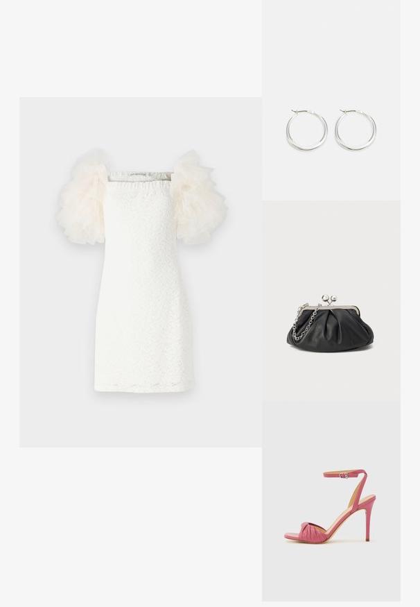 Weisses Kleid mit strukturiertem Spitzenmuster, geradem Schnitt und transparenten, puffigen Tüllärmeln in hellem Creme. Minimalistisches Design mit einem quadratischen Ausschnitt.; Rosa Leder-Sandale mit hohem Absatz, offenem Zehenbereich, plissiertem Vorderteil und verstellbarem Knöchelriemen. Glatte Textur und schlanker Stöckelabsatz.; Schwarze Leder-Clutch mit geraffter Textur, silberfarbener Metallrahmen, Druckverschluss und Kettenriemen. Glatte, weiche Oberfläche.; Silberne Creolen zeichnen sich durch ein glattes, rundes Design mit einem schlanken Profil und einem sicheren Verschluss aus. Minimalistischer Stil mit glänzender Oberfläche.