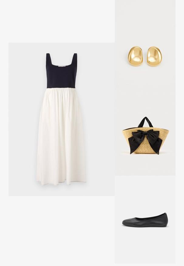 Robe sans manches bleu marine avec un décolleté carré, présentant une jupe blanche froncée. Fabriquée en tissu léger, avec des coutures visibles à l'ourlet.; Ballerines en cuir noir avec un bout rond, texture lisse, détails de couture minimalistes et design de semelle flexible.; Sac cabas en paille avec un large nœud en satin noir à l'avant, deux poignées courtes et un design structuré à ouverture sur le dessus.; Boucles d'oreilles en forme de clou de couleur or, avec une forme lisse et arrondie et une surface réfléchissante, mettant en avant un design minimaliste sans motifs visibles.