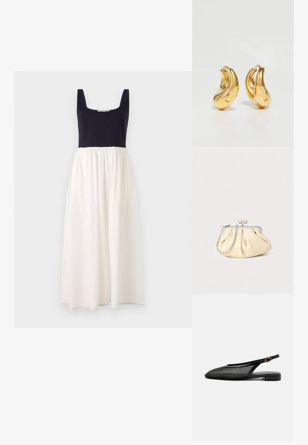 Robe sans manches bleu marine avec un décolleté carré, présentant une jupe blanche froncée. Fabriquée en tissu léger, avec des coutures visibles à l'ourlet.; Chaussure plate noire à bride arrière, bout pointu, tige en mesh, bride à boucle réglable et petit talon empilé sur fond blanc.; Pochette en cuir beige plissé avec un cadre en métal argenté, dotée de deux fermoirs ronds décoratifs et d'une chaîne en argent.; Boucles d'oreilles en or en forme de d'anneaux lisses et courbés avec une finition polie. Équipées d'un mécanisme de fermeture et de légères indentations pour le détail.