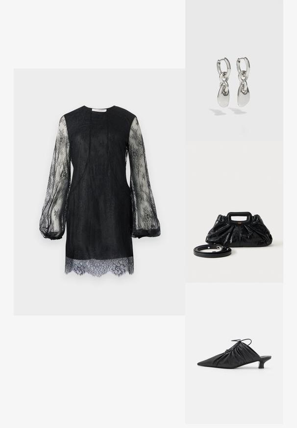 Sort blondekjole med lange, gennemsigtige ærmer og scalloped kant. Kroppen er helt sort med indviklet blonde-detaljering overalt.; Sorte læder slip-on mules med spids tå, samlet tekstur og en lille kitten heel. Har en snor-detalje ved åbningen.; Lille sort læderhåndtaske med rynket tekstur, rektangulært håndtag og aftagelig tynd skulderrem placeret ved siden af.; Sølvøreringe med forlængede ovale led, der har en poleret overflade og en struktureret dråpevedhæng. Enkel design med glatte kanter.