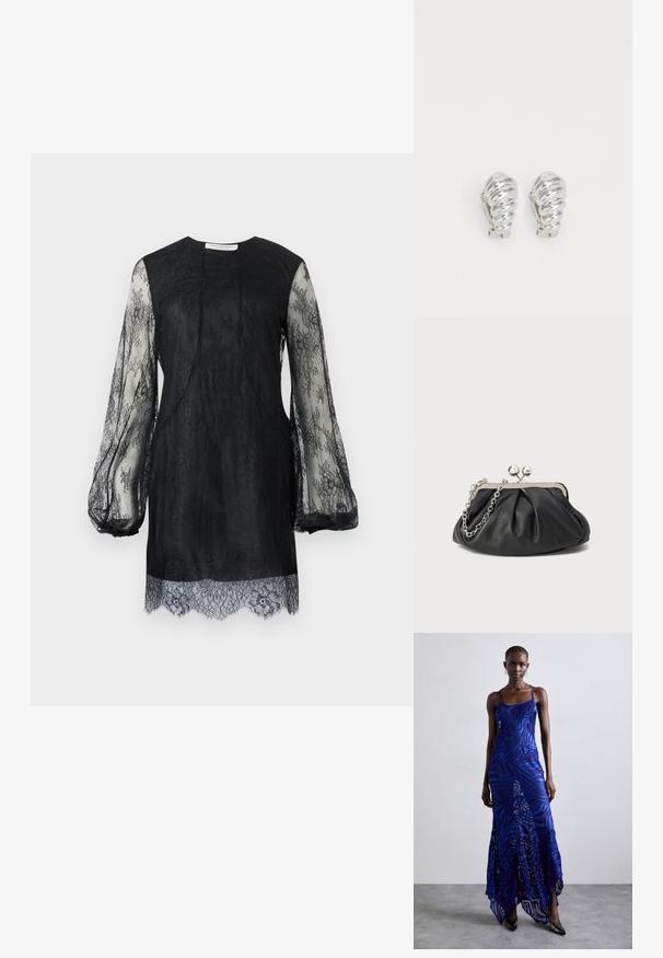 Sort blondekjole med lange, gennemsigtige ærmer og scalloped kant. Kroppen er helt sort med indviklet blonde-detaljering overalt.; Blå og lilla dyreprint maxi kjole med tynde stropper, en tætsiddende bodice, flagrende kant og gennemsigtig overlay-detaljering.; Sort læder clutch med samlet tekstur, sølvfarvet metalramme, kys-lås lukning og kædestrop. Glat, blød overflade.; Sølv clip-on øreringe med spiralmønster, der har en glat metallisk tekstur og runde former. Ingen synlige udsmykninger eller mønstre.
