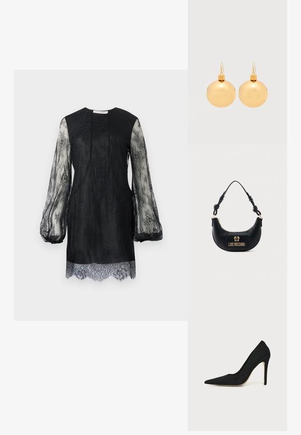 Sort blondekjole med lange, gennemsigtige ærmer og scalloped kant. Kroppen er helt sort med indviklet blonde-detaljering overalt.; Sort højhælet stiletpump med spids tå og glat tekstur, vist fra siden på en ensfarvet lys baggrund.; Sort halvmåneformet håndtaske med knyttet håndtag og guld "Love Moschino" logo plaque foran, lynlåslukning øverst.; Par af skinnende gyldne julekugleøreringe med krog-lukninger på en ensfarvet hvid baggrund.
