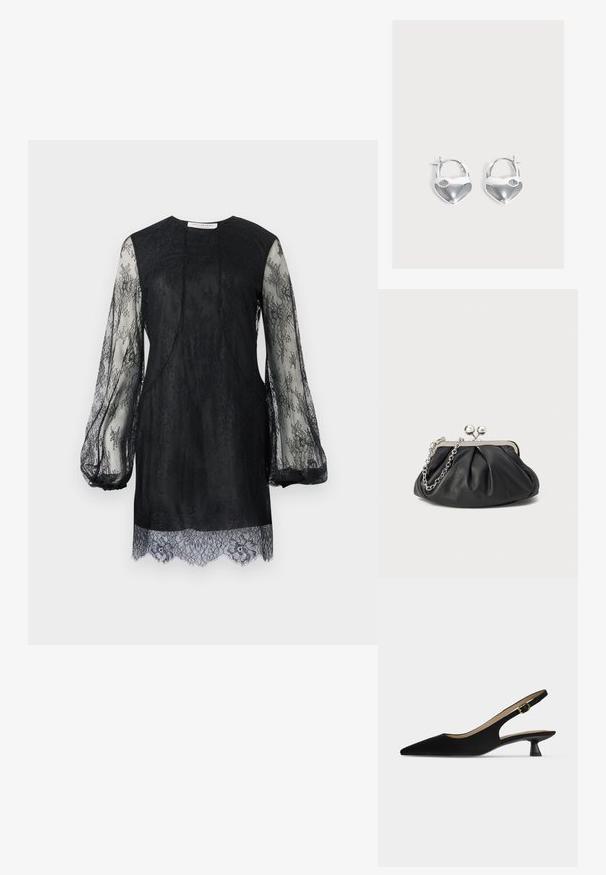 Zwarte kanten jurk met lange doorschijnende mouwen en een scalloped Zoom. Het lichaam is volledig zwart met ingewikkelde kanten details overal.; Zwarte slingback-schoen met spitse neus, lage kittenhak en gouden gespband, in profiel getoond op een effen lichte achtergrond.; Zwarte leren clutch met geplooide textuur, zilverkleurig metalen frame, drukknopsluiting en kettingriem. Glad, zacht oppervlak.; Paar glanzende zilveren oorringen in de vorm van een hangslot in hartvorm met kleine sleutelgatdetails op een effen lichte achtergrond.